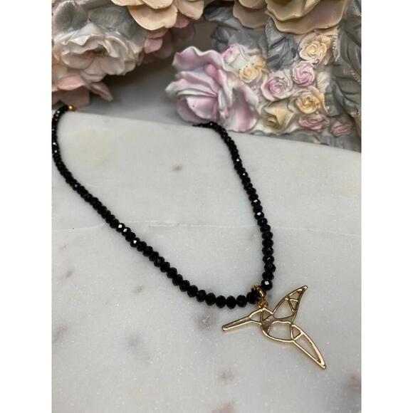 Humming bird necklace - gold geometric humming bird black crystals - Picture 3 of 5
